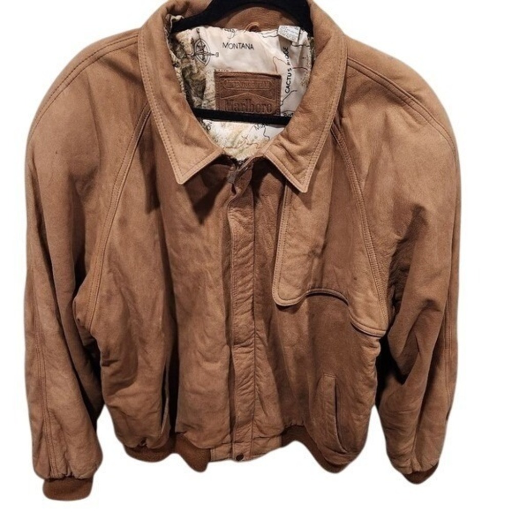 Marlboro Adventure Team Leather Bomber Jacket Map Lined Western Style VTG XL